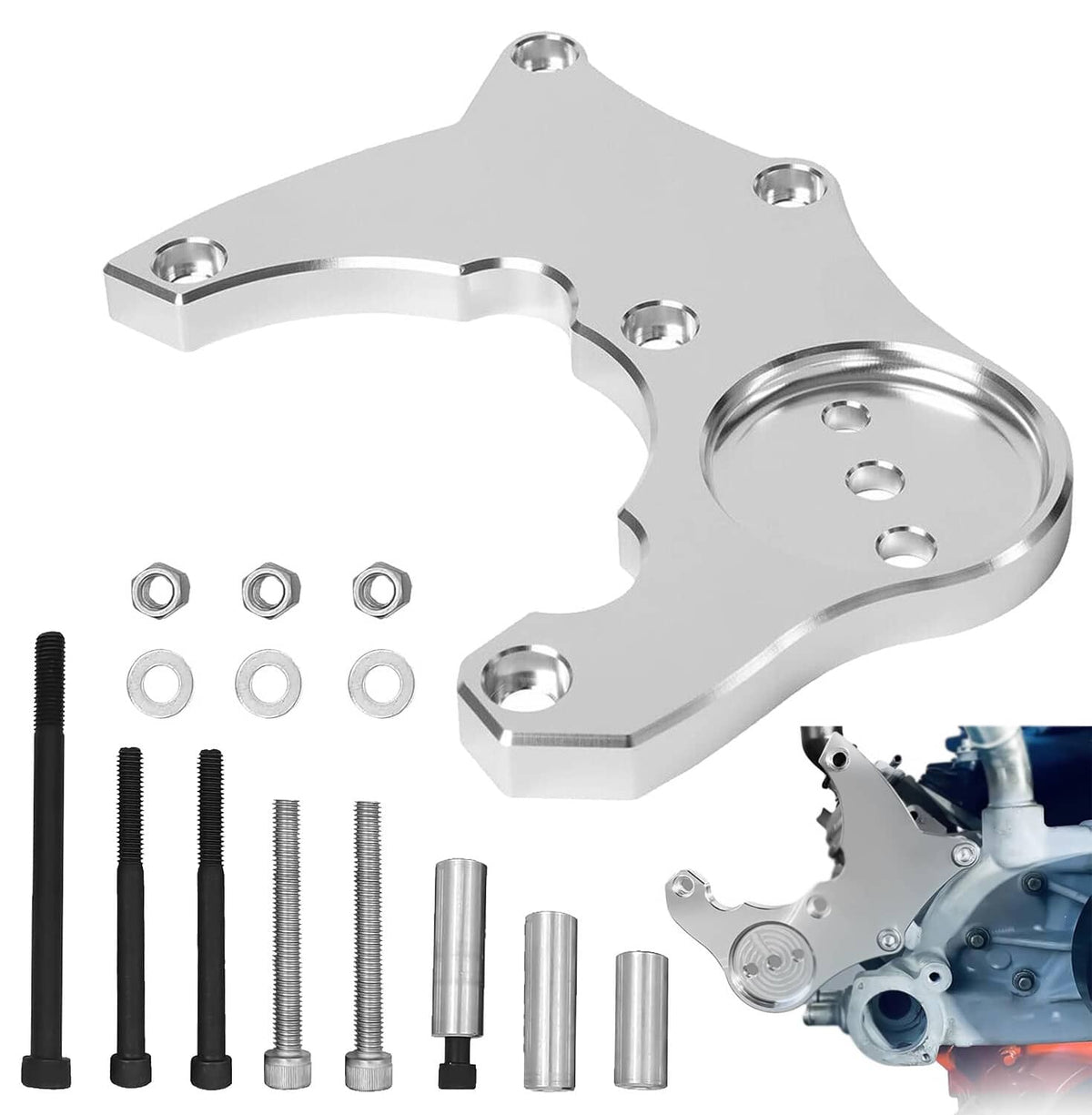Aluminum high mount A/C bracket and included hardware kit with bolts, sleeves, and nuts