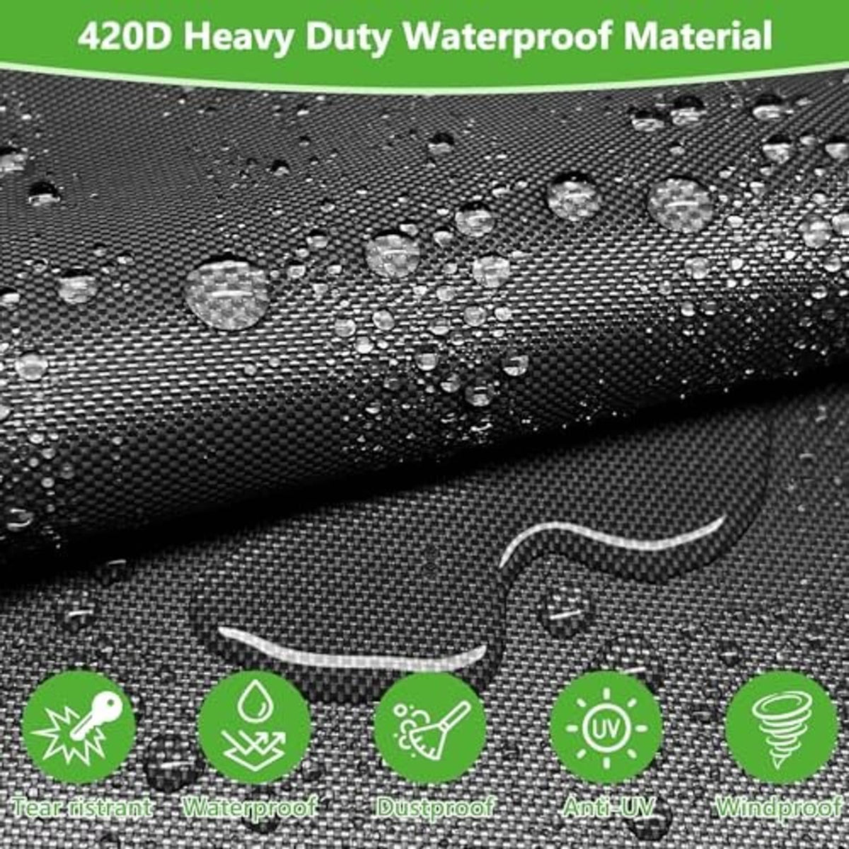 Close-up of black waterproof tire cover fabric with water droplet texture