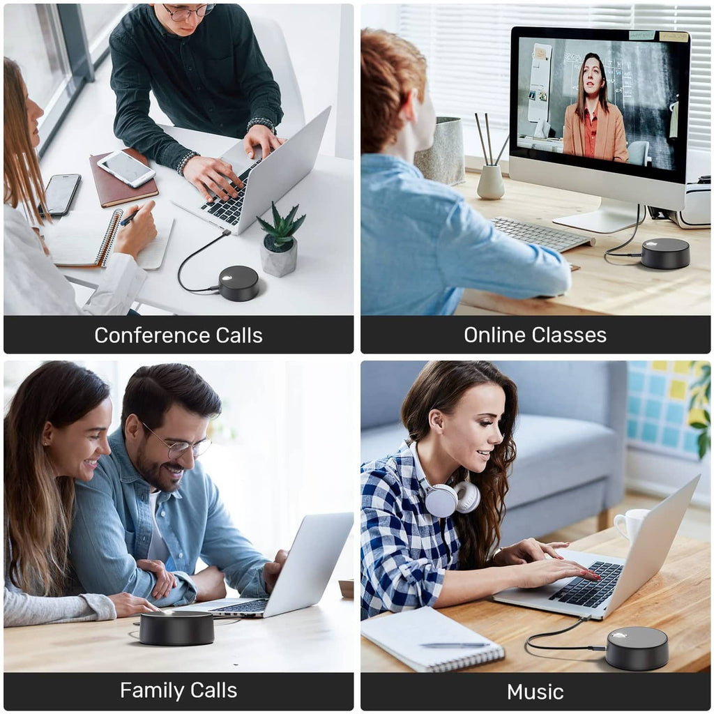Compact black USB speaker used on a desk for video calls and class audio