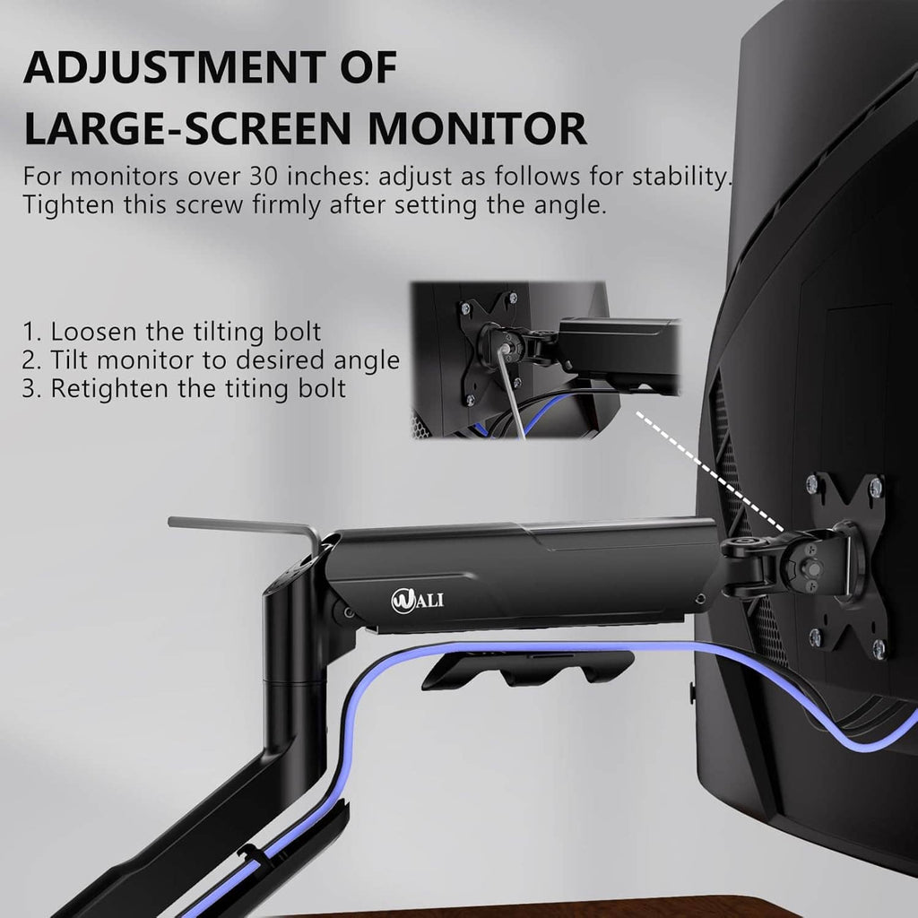Black monitor arm mounting hardware with tilting bolt and secured bracket