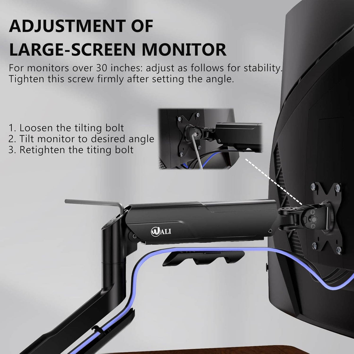 Black monitor arm mounting hardware with tilting bolt and secured bracket