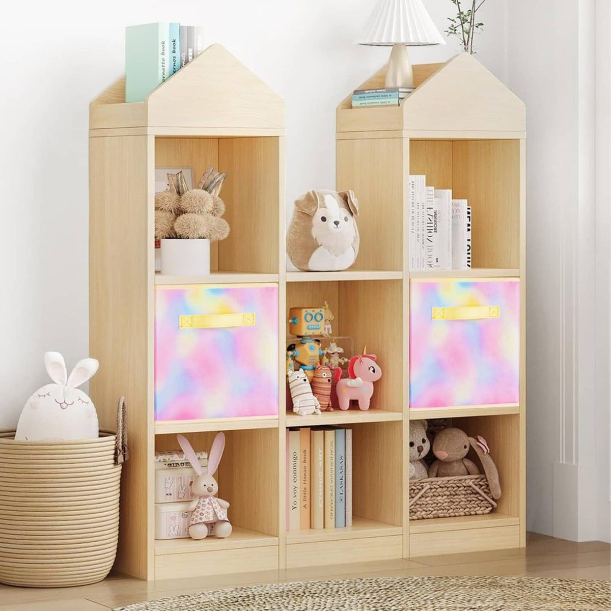 Wooden cubby storage unit with pastel tie-dye foldable fabric cube bins