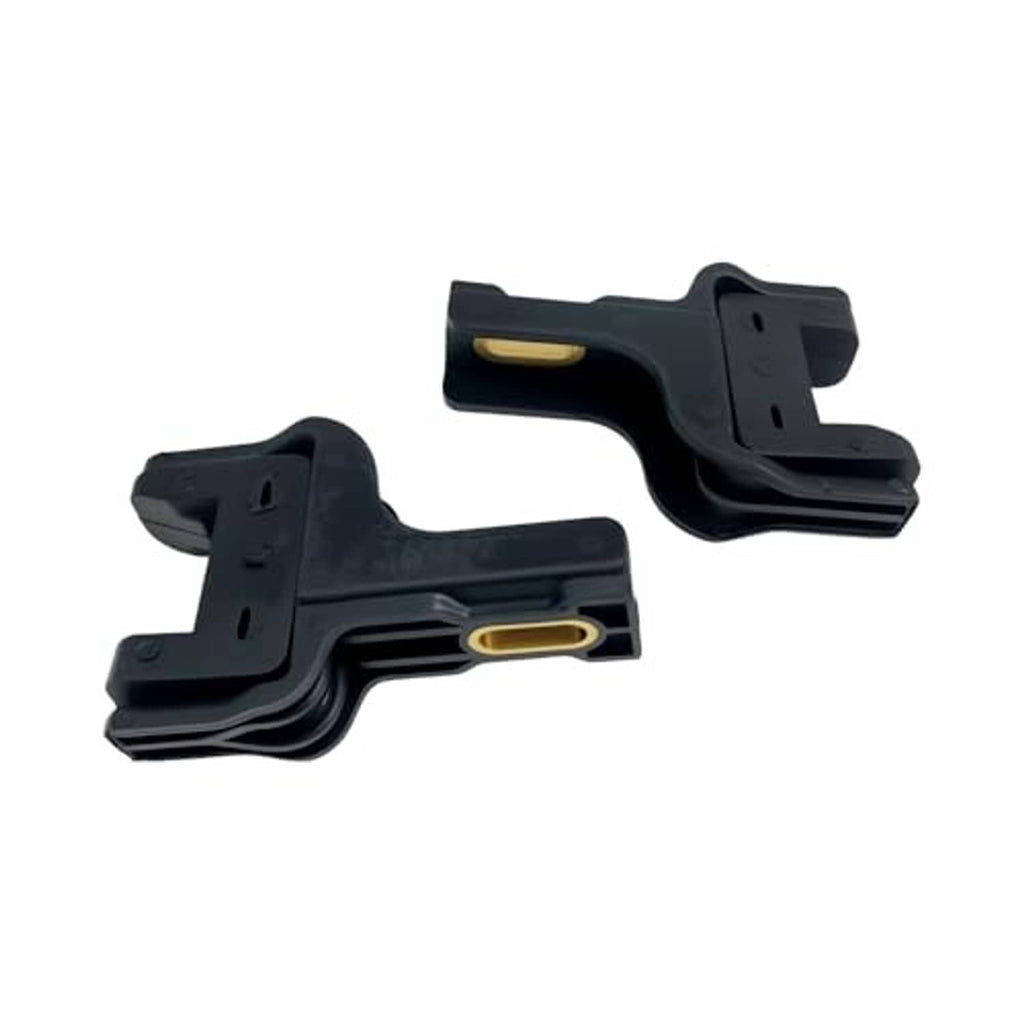 2-pack upper radiator bracket insulator clips, black plastic with gold/yellow connector channels