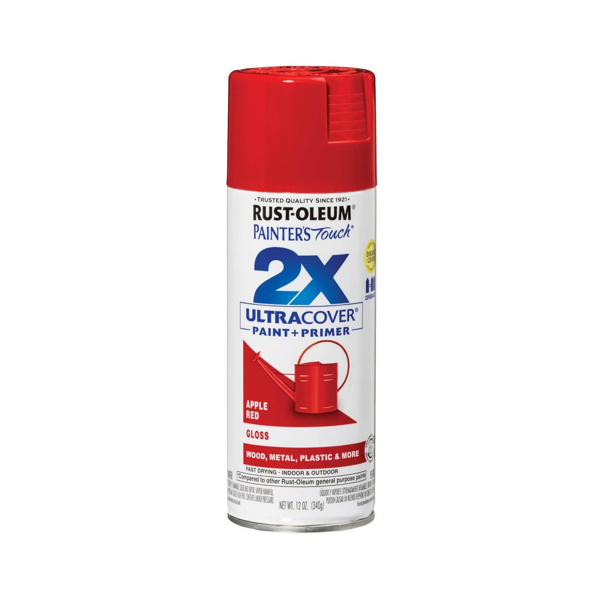 Rust-Oleum Painter's Touch 2X spray paint can, red, glossy paint+primer.