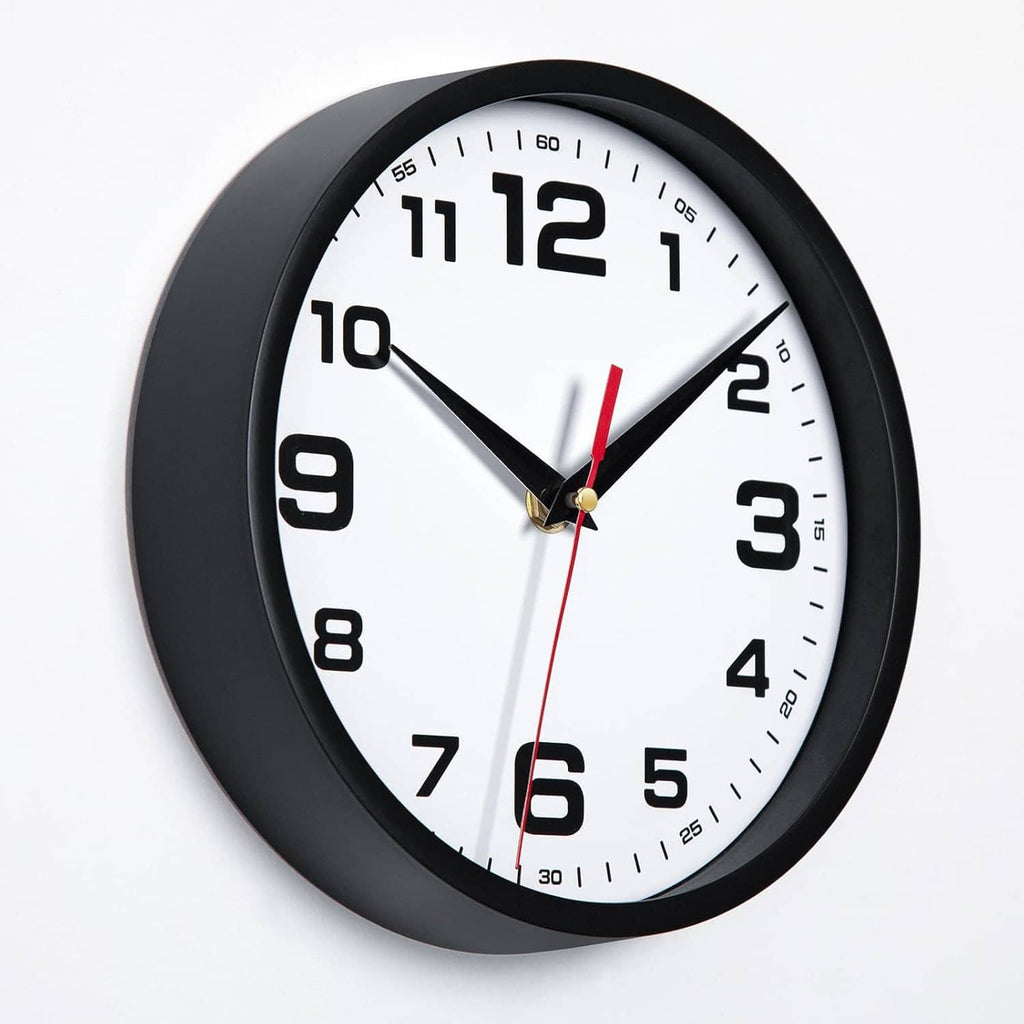 Black analog wall clock with white dial, large numerals, red second hand, black hands