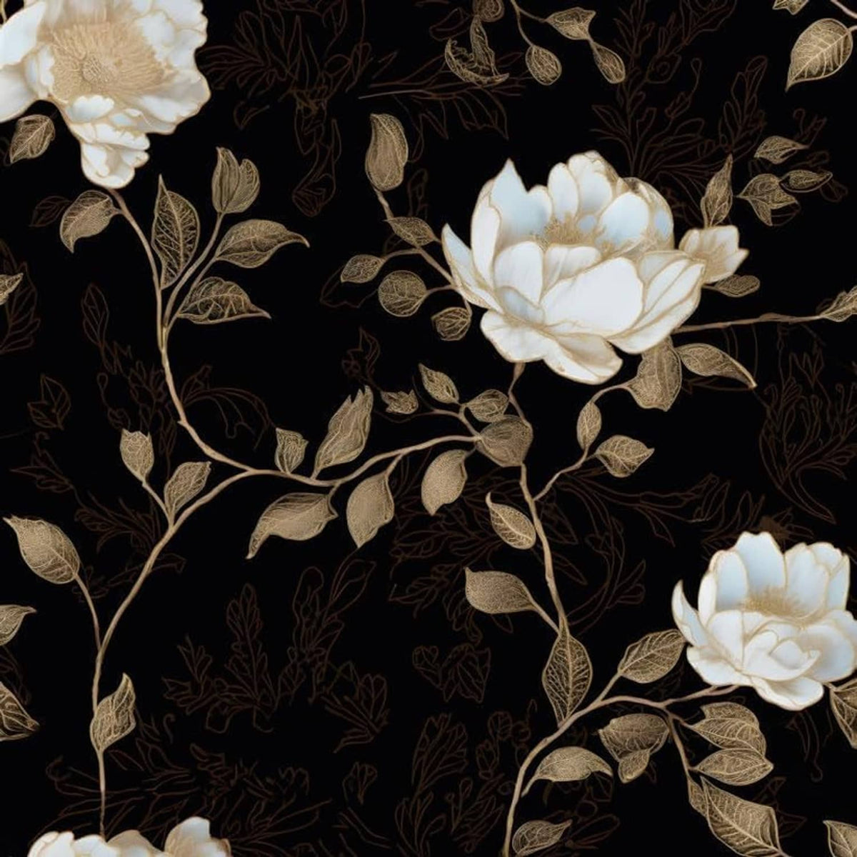 Floral wallpaper pattern with white blooms and gold leaves on a dark background