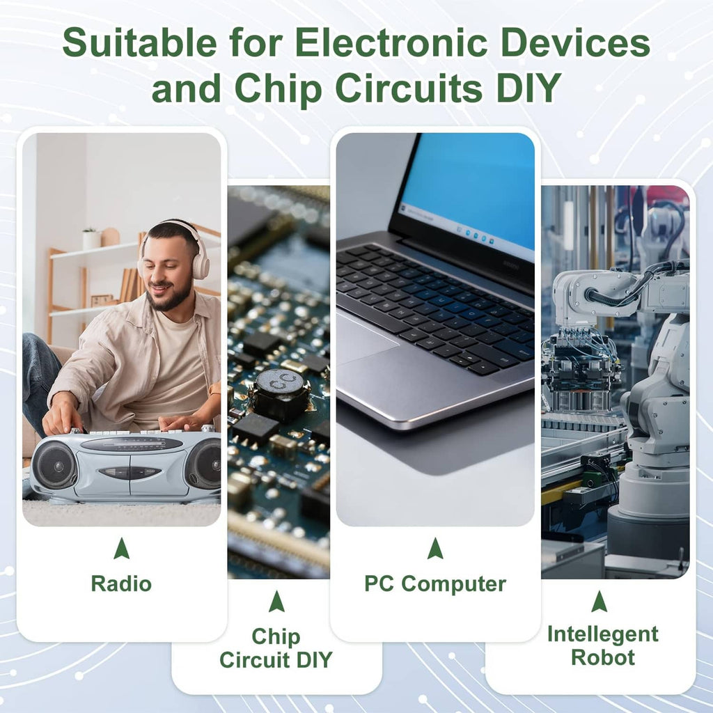 Green film capacitor application icons for radios, computers, and robots