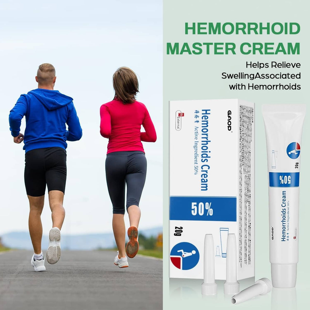 Hemorrhoid master cream box and white cream tube with blue 50% label, 20 g
