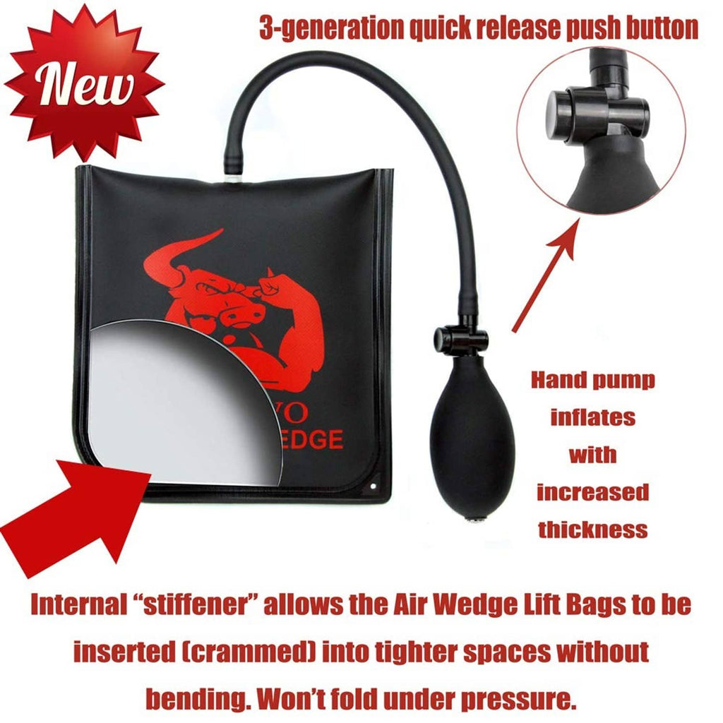 Air pump wedge bag with hand pump and quick-release push button on valve