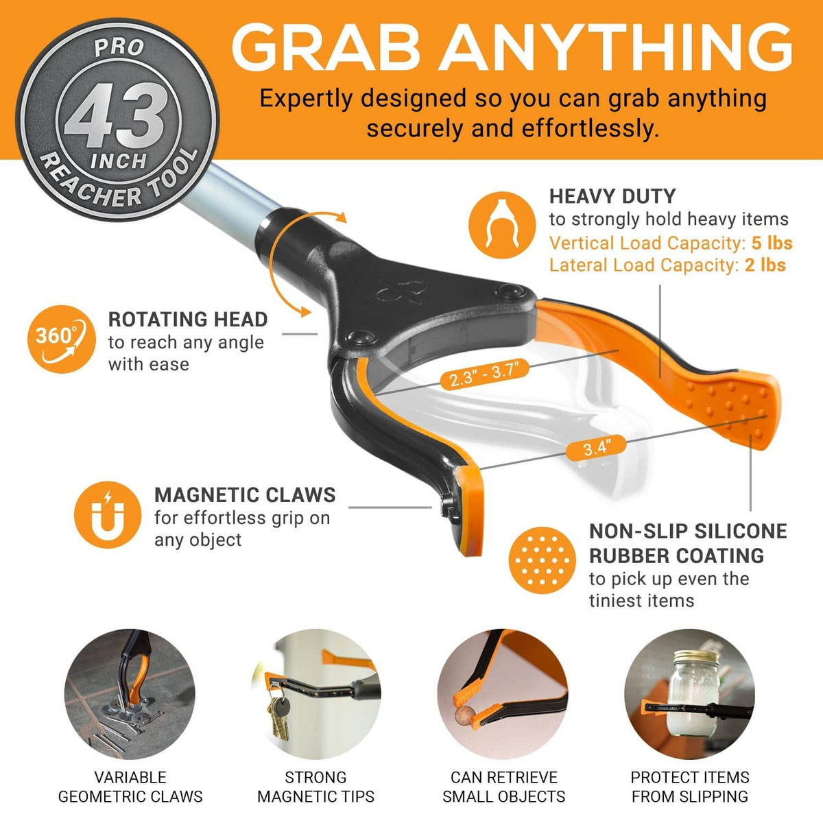 Foldable grabber reacher tool with rotating head, magnetic claws, and non-slip tips