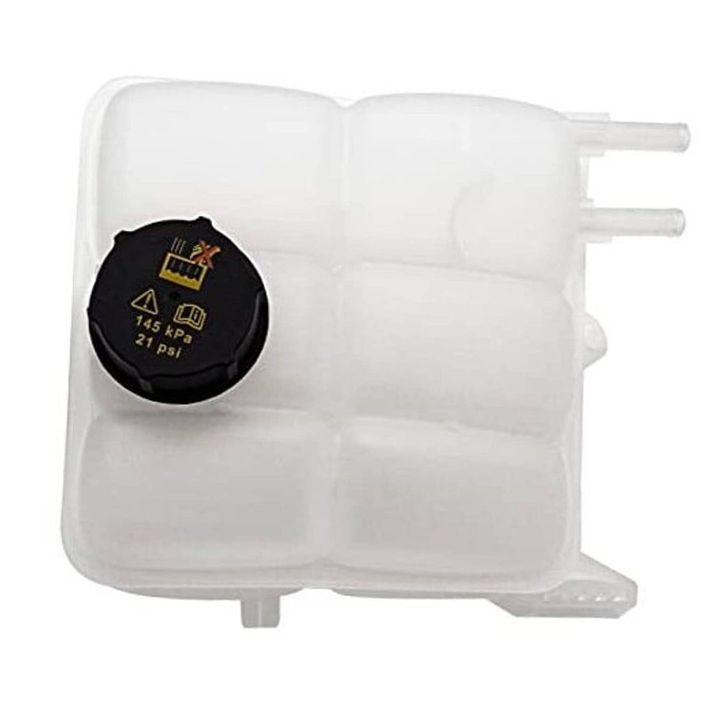 Engine coolant reservoir expansion tank with black cap and two outlet tubes