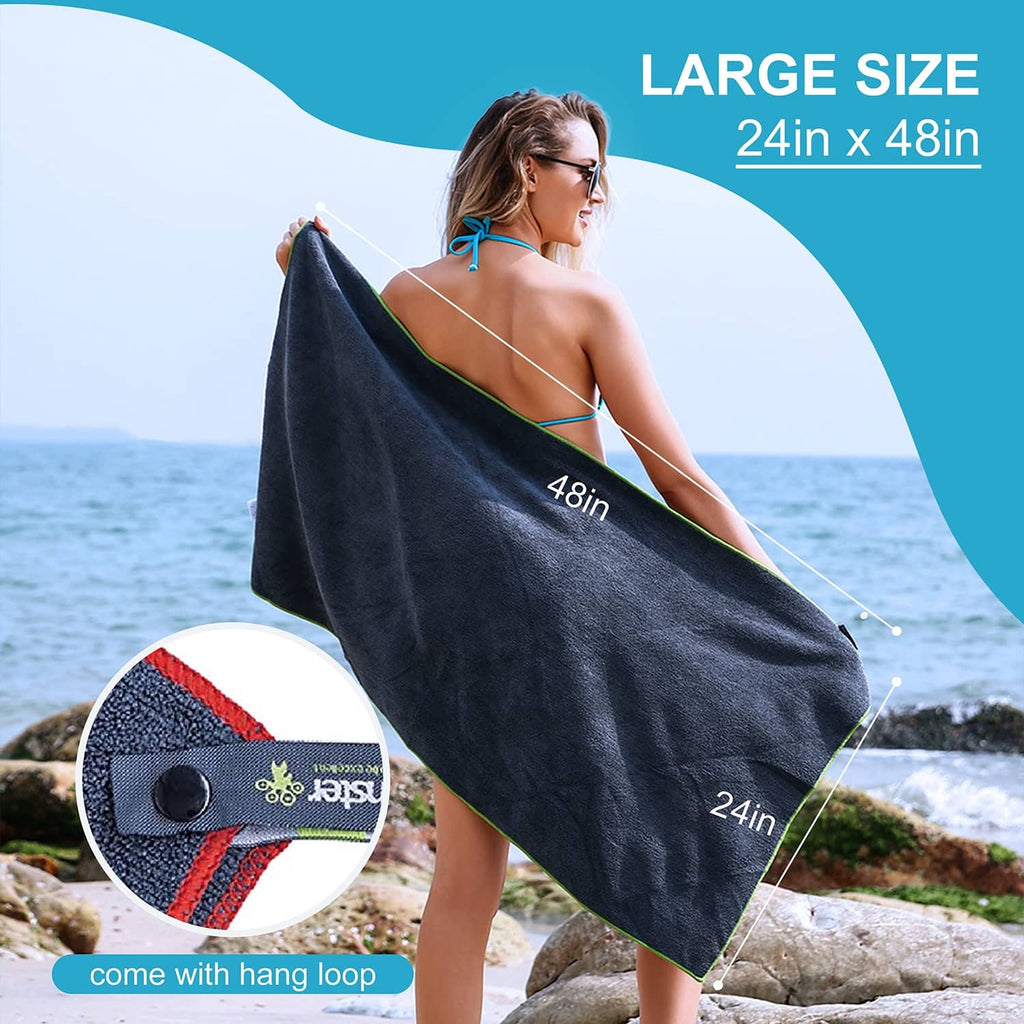 Large dark microfiber towel with red edging and hang loop for travel