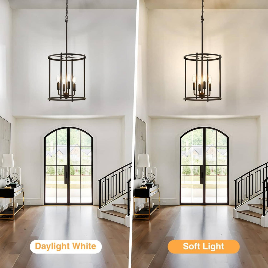 Matte black 4-light hanging chandelier with cylindrical metal cage over dining area