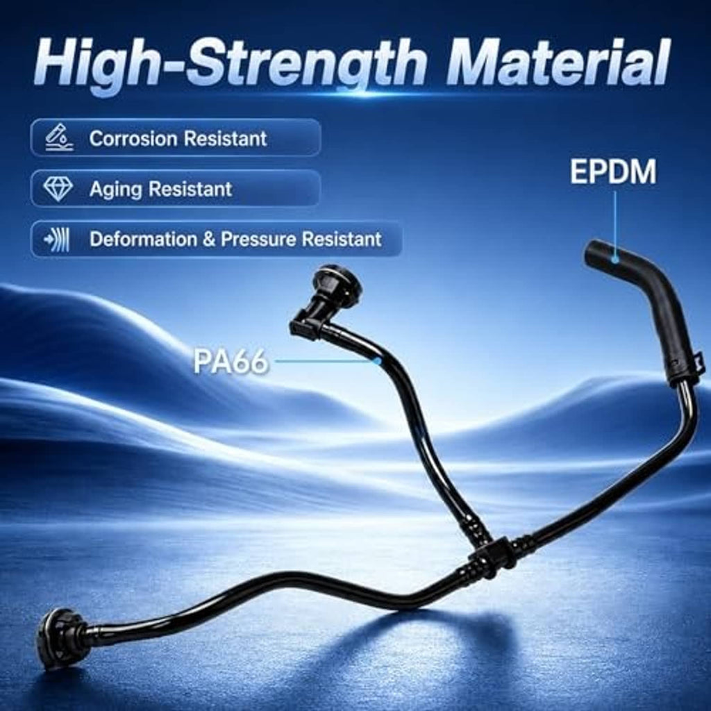 Black coolant hose assembly with two fittings and a metal clamp