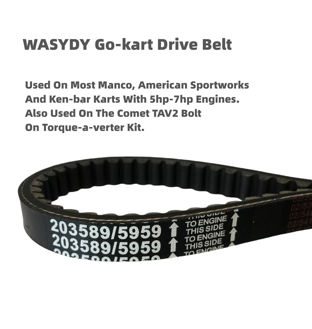 Black go-kart drive belt with ribbed teeth and printed 'to engine this side' text