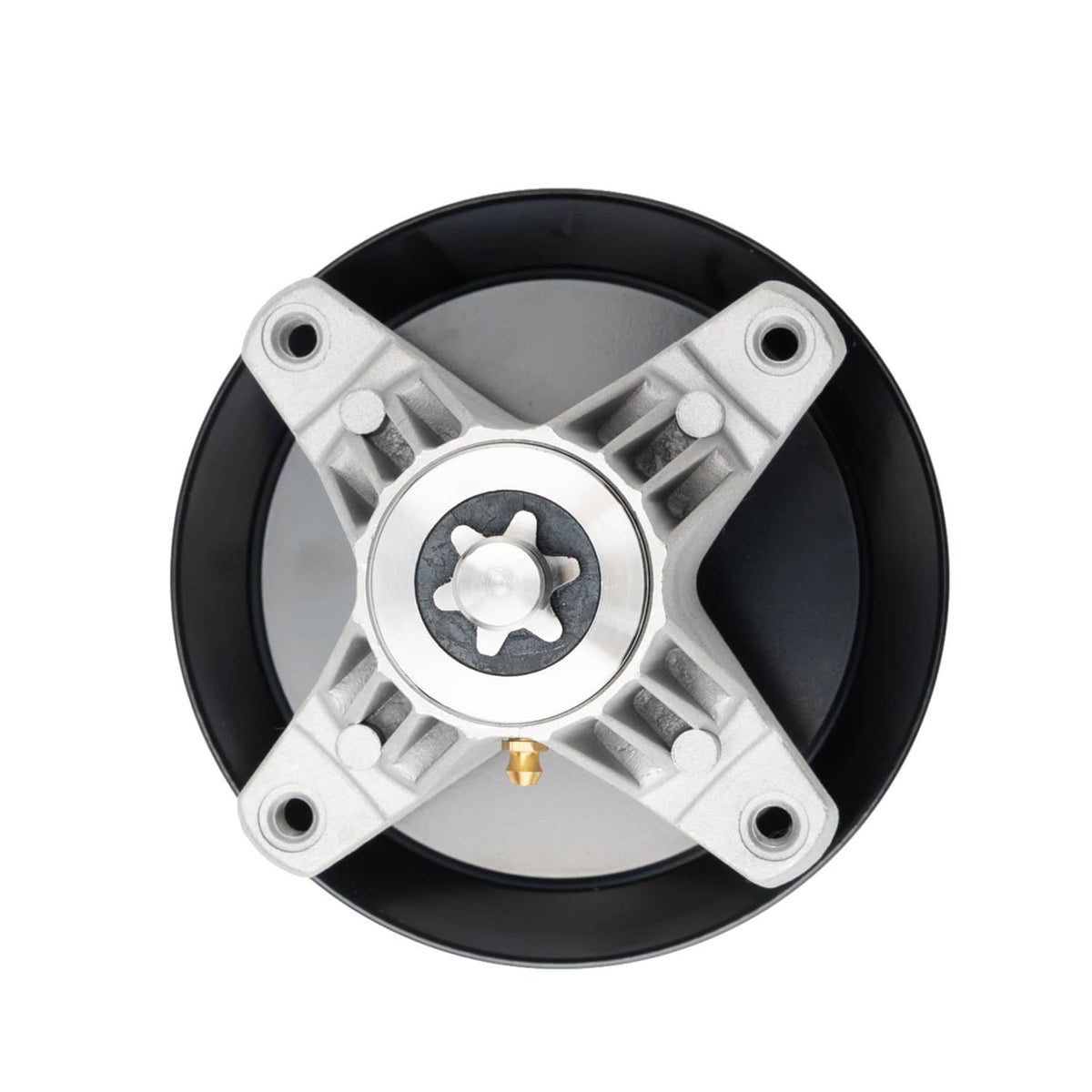 Deck spindle pulley assembly with silver crossplate, black pulley, and hex drive hub.