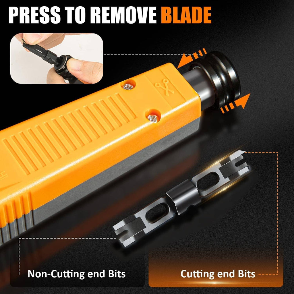 Orange punch-down tool with removable blade area and black cutting tip.