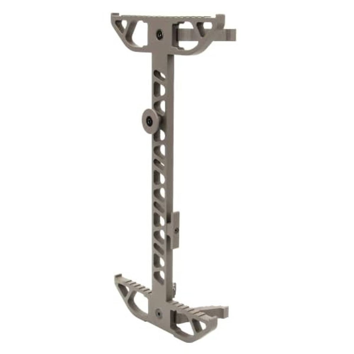 Brown aluminum tree climbing stick angled view with perforated beam and foot platforms.