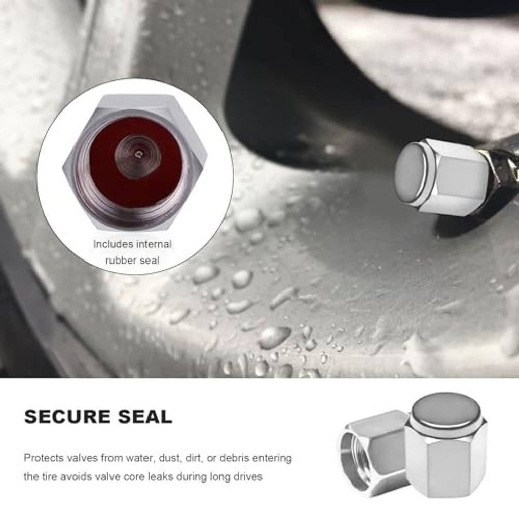 Silver tire valve stem cap with internal rubber seal, shown close-up and on wheel