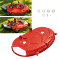 Red 42-inch lawn mower deck housing with mounting brackets and underside supports