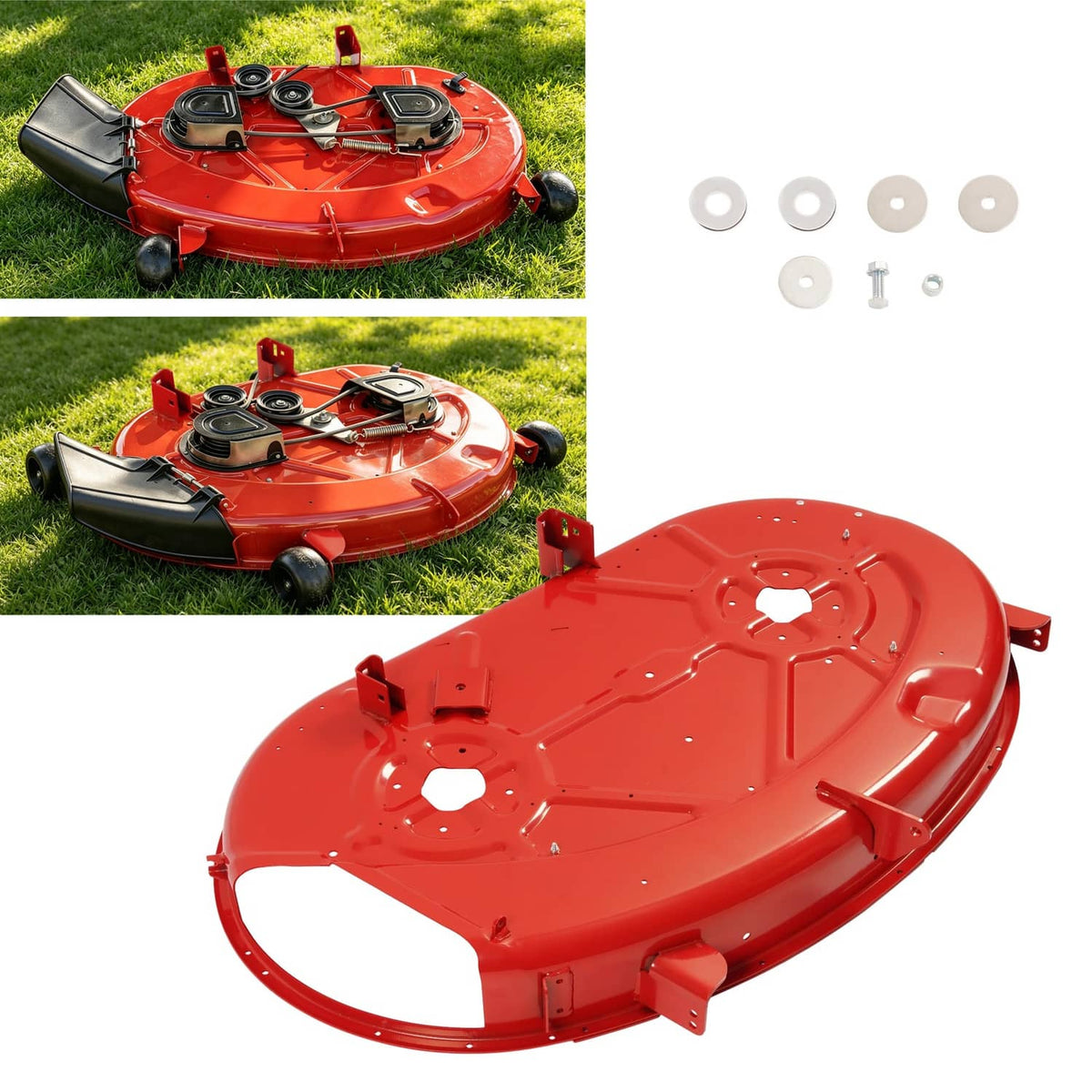 Red 42-inch lawn mower deck housing with mounting brackets and underside supports