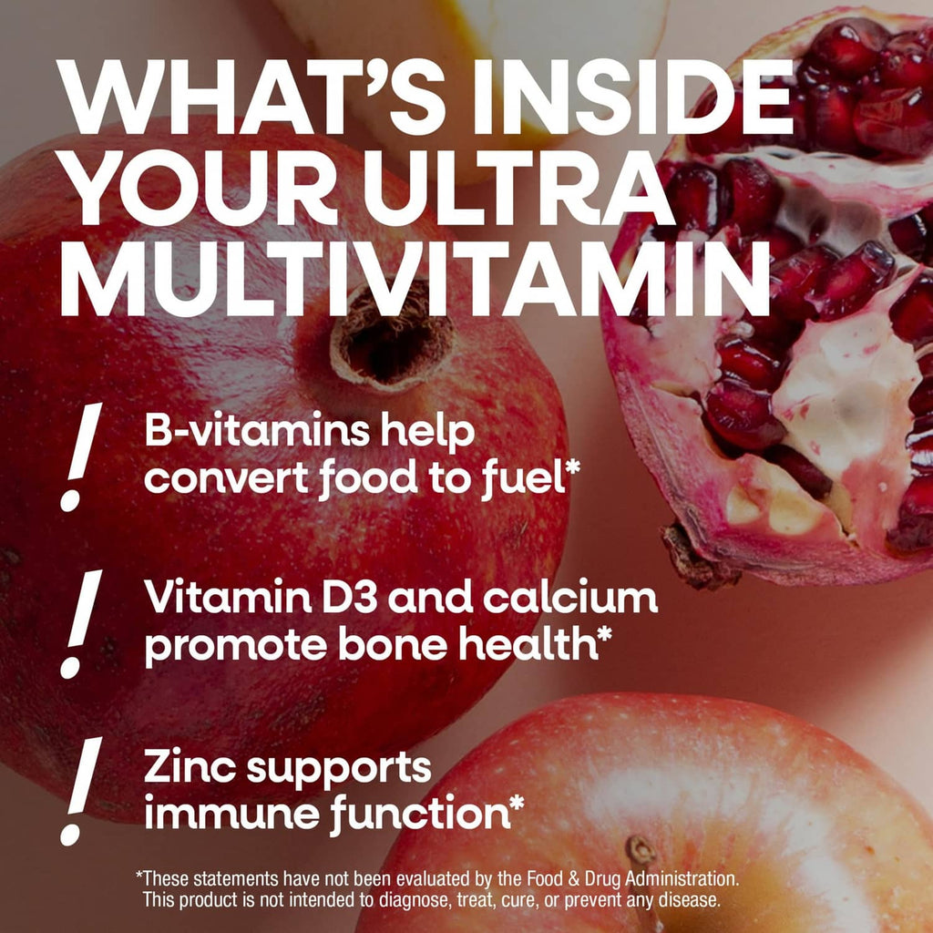 Ultra multivitamin ingredient graphic with pomegranate fruit and micronutrient highlights