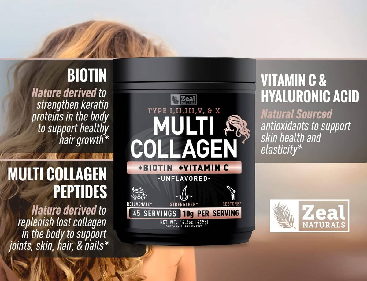 Multi-collagen peptides tub front label showing biotin and vitamin C on packaging