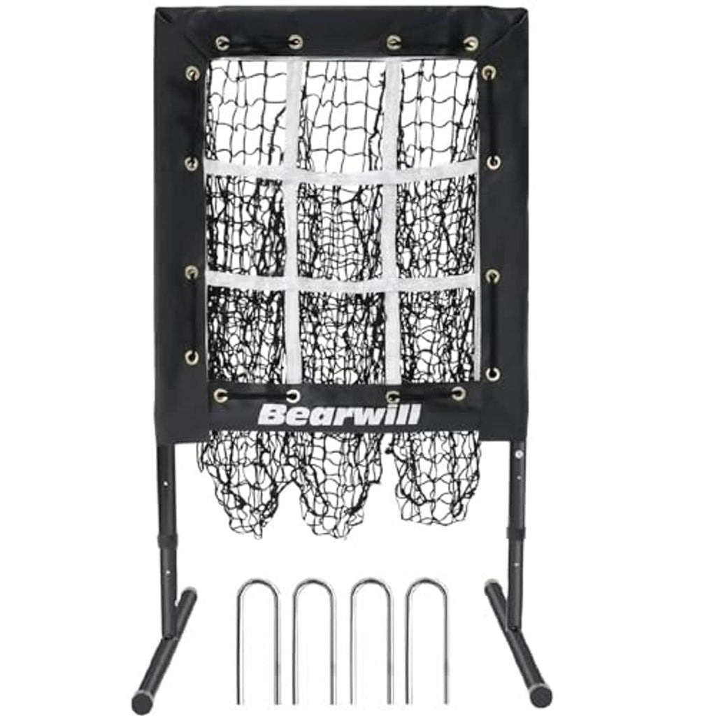 Baseball pitching net target with strike zone, black frame posts, and front net pockets