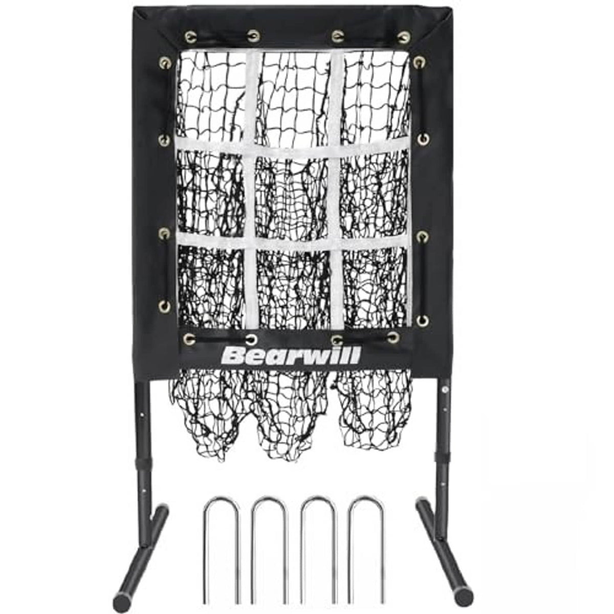 Baseball pitching net target with strike zone, black frame posts, and front net pockets
