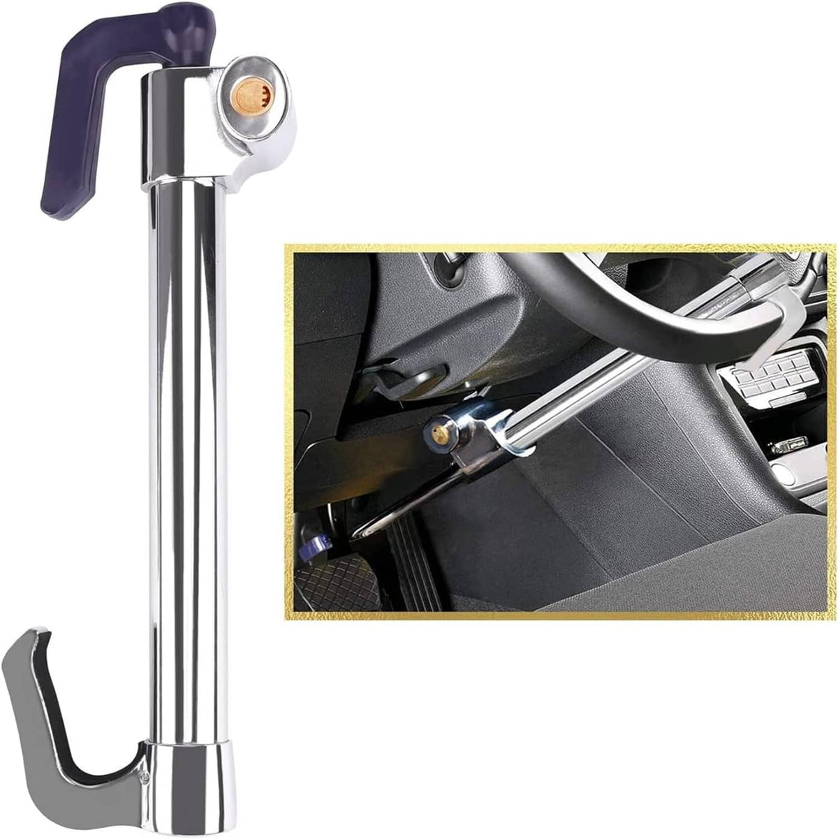 Steering wheel anti-theft brake lock, retractable double hook with purple top and chrome shaft
