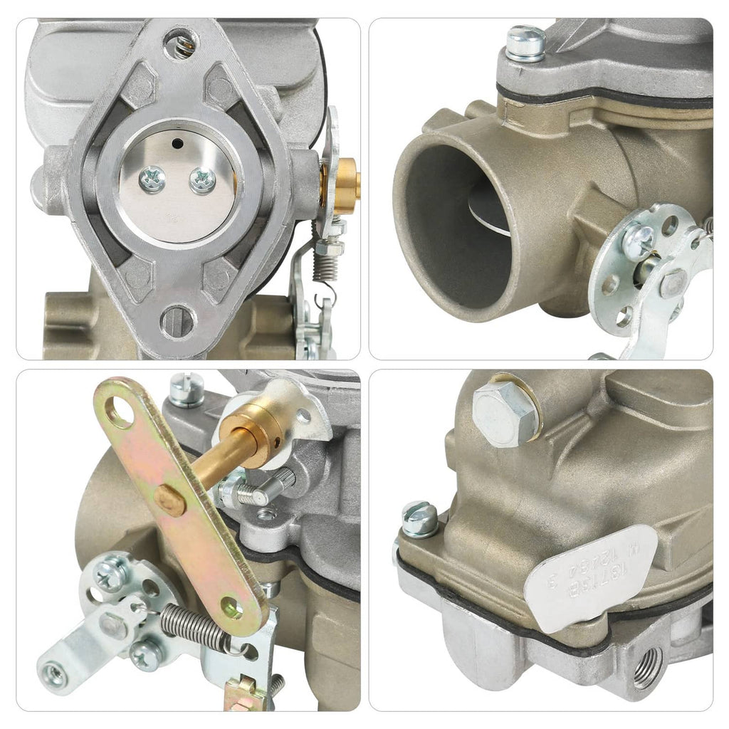 Carburetor assembly close-ups showing intake port, throttle lever, and mounting holes