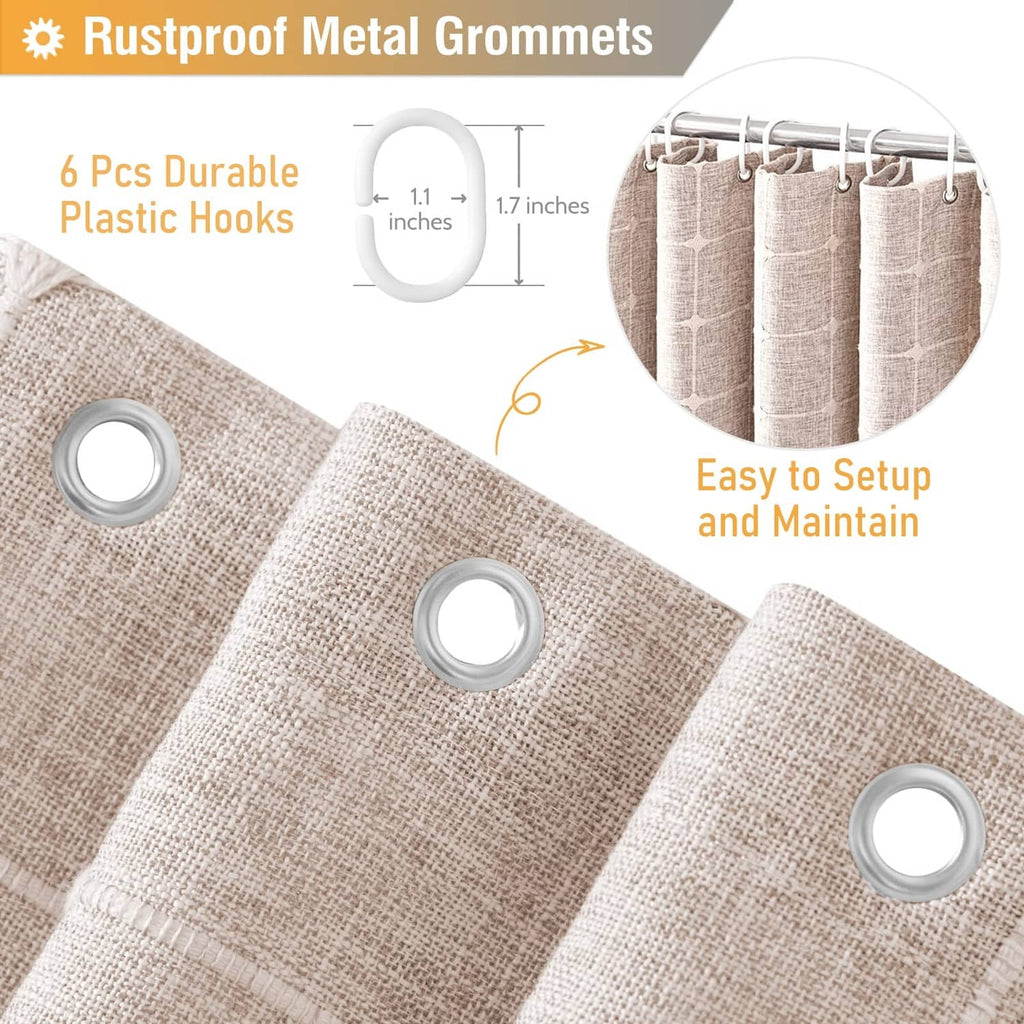 Taupe shower curtain with rustproof metal grommets and plastic hooks, corner close-up