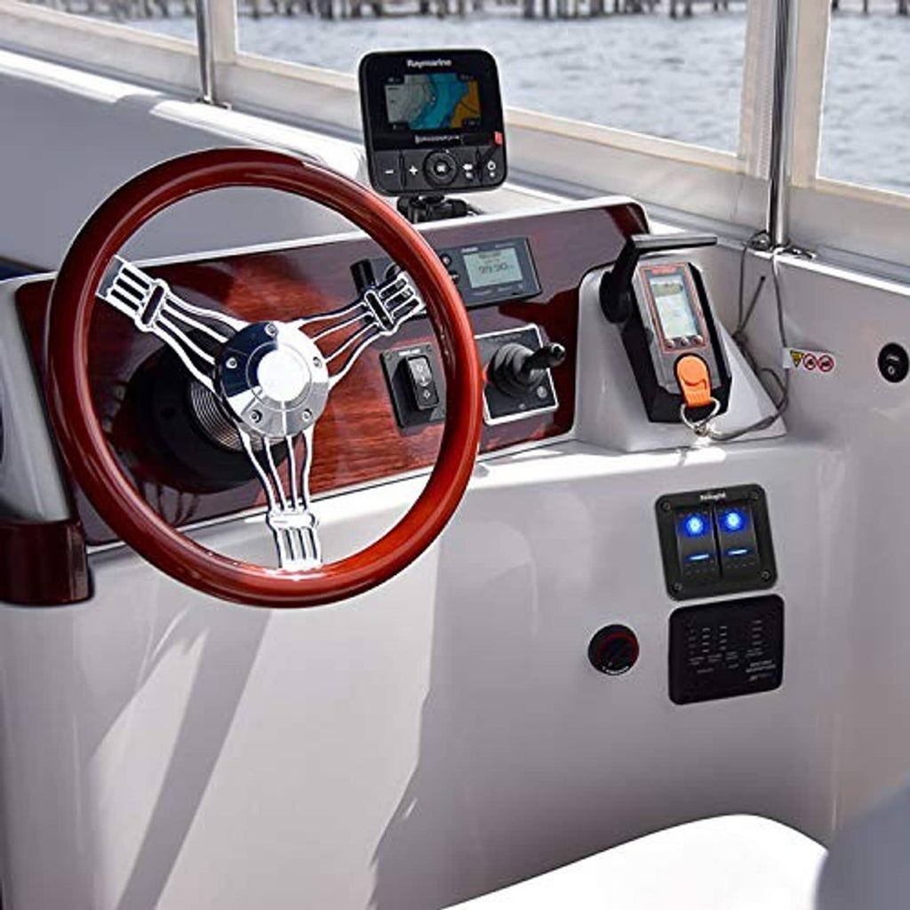 Nilight rocker switch panel in vehicle dashboard with two blue illuminated switches