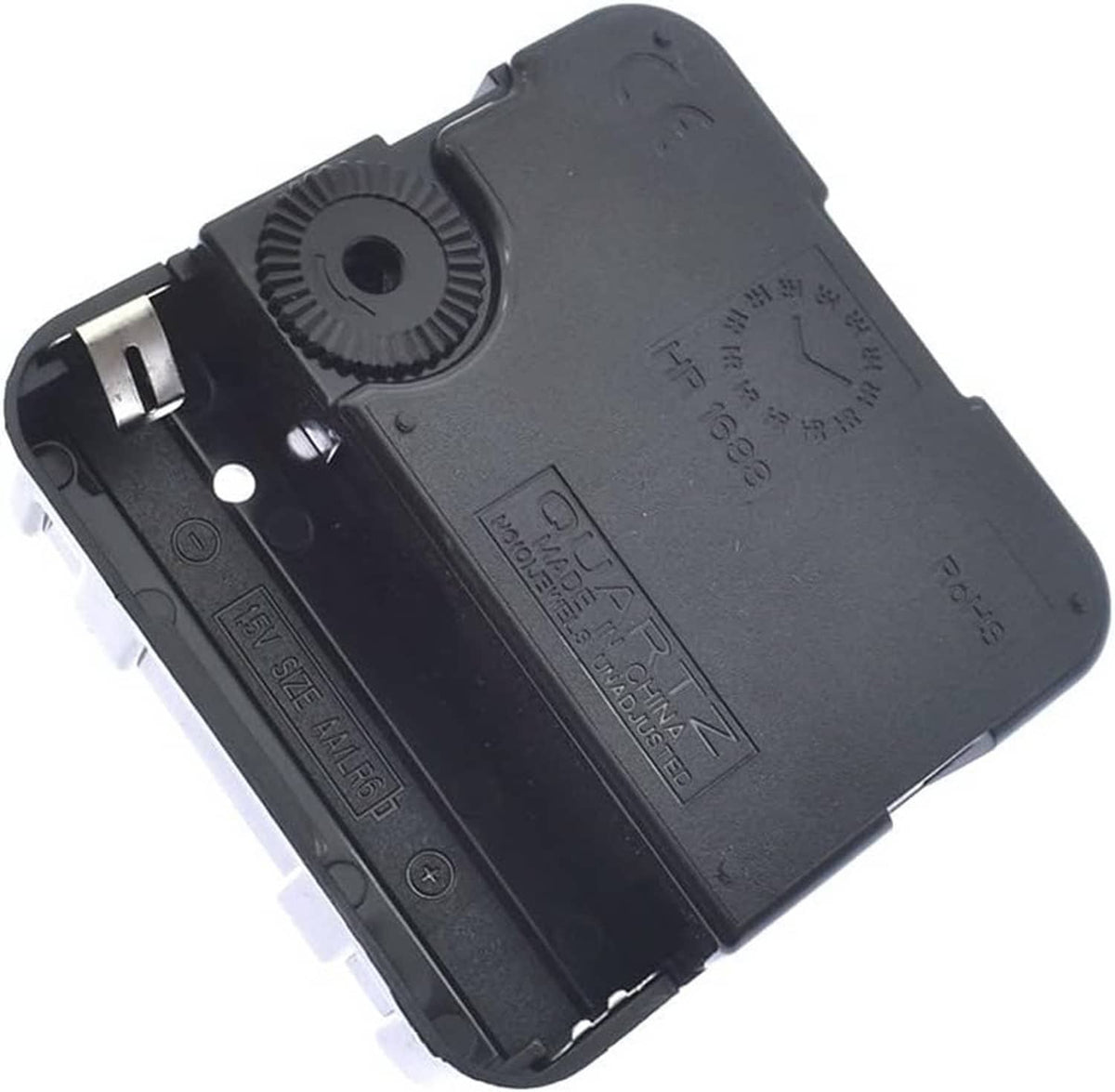 Clock movement replacement motor mechanism, black plastic housing with molded markings