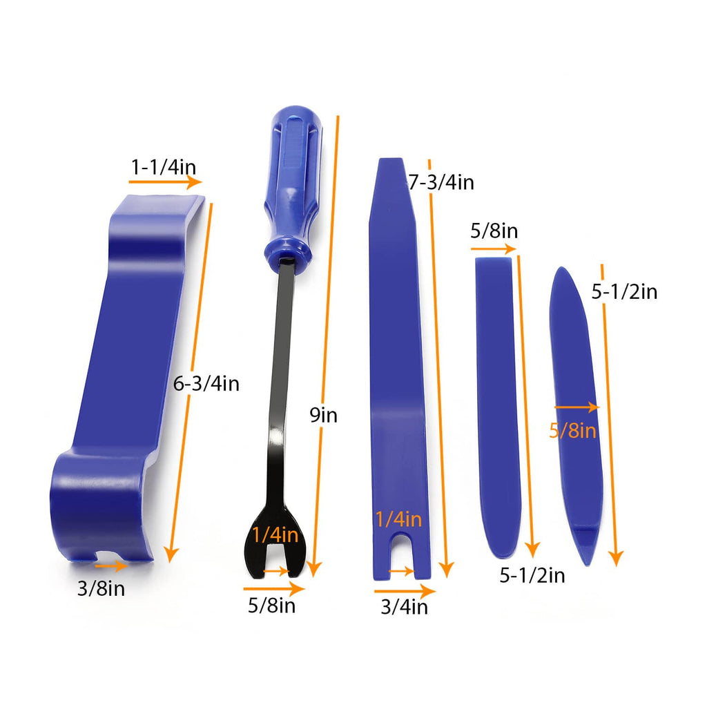 Blue trim removal clips and pry tools shown with measurement labels and dimensions