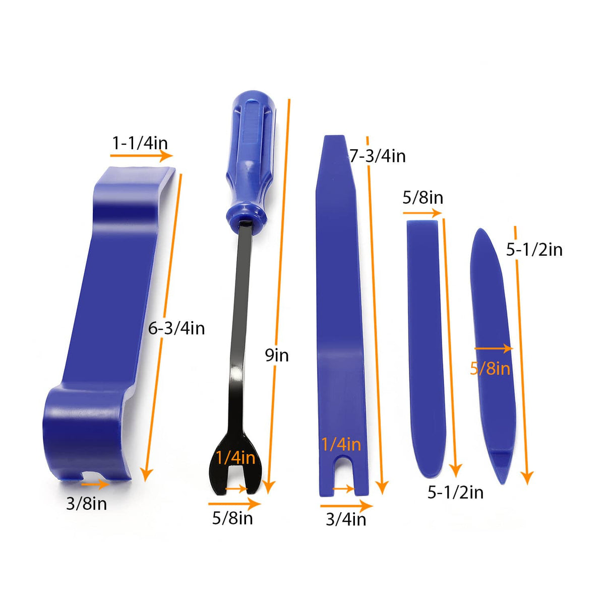 Blue trim removal clips and pry tools shown with measurement labels and dimensions