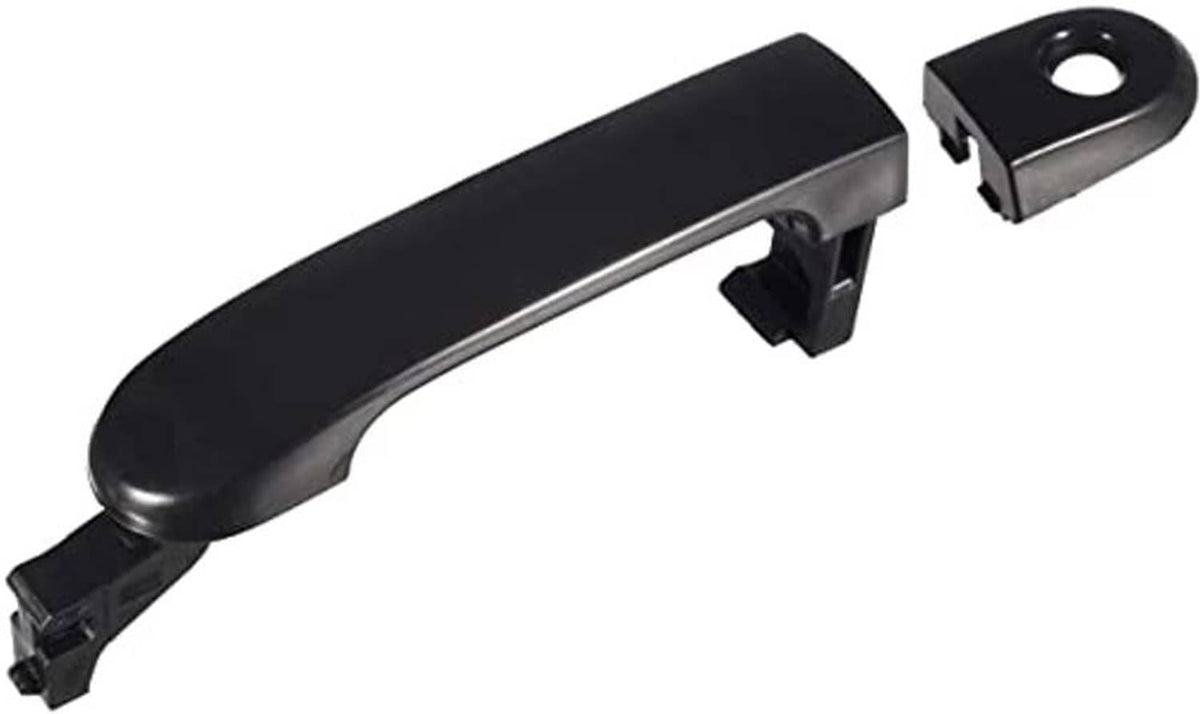 Black exterior door handle with mounting bracket, angled view