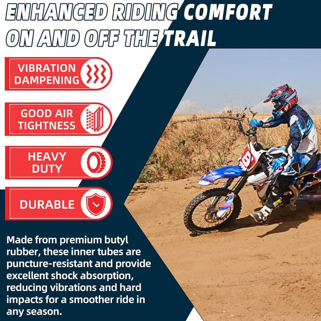 Black dirt bike inner tube with illustrated heavy-duty comfort and puncture resistance