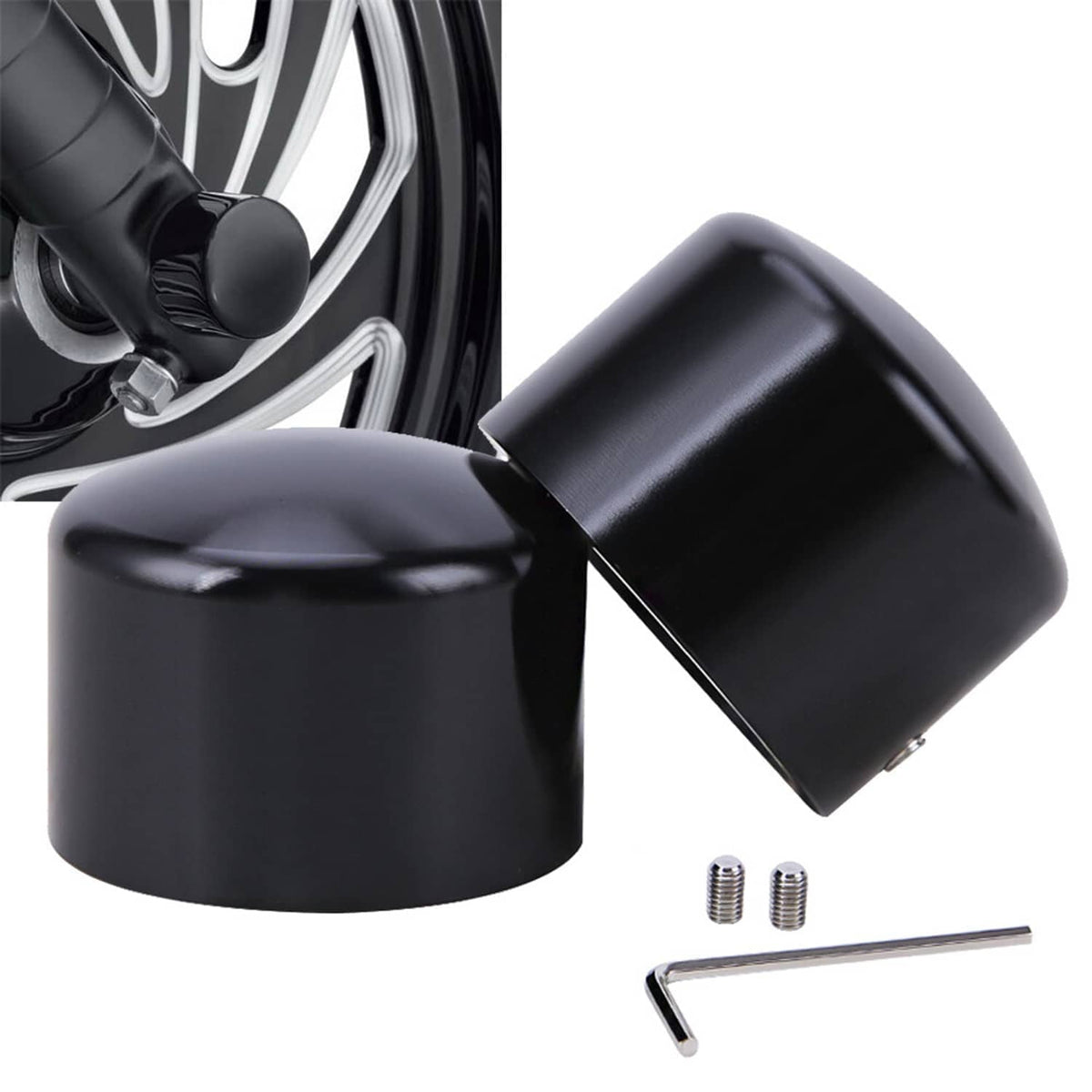 Black front axle cap nut covers set with two caps, bolts, and hex key
