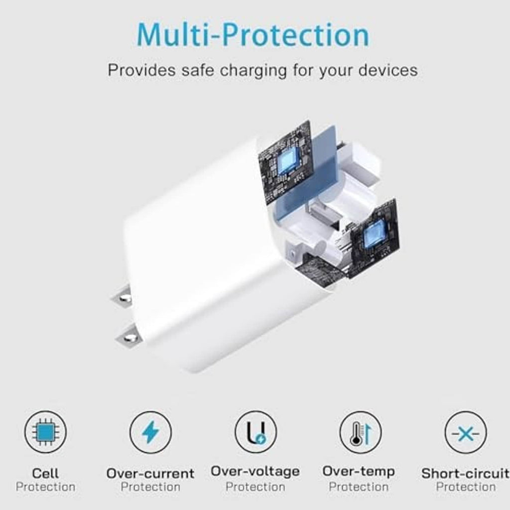White charging plug with internal circuit protection icons shown