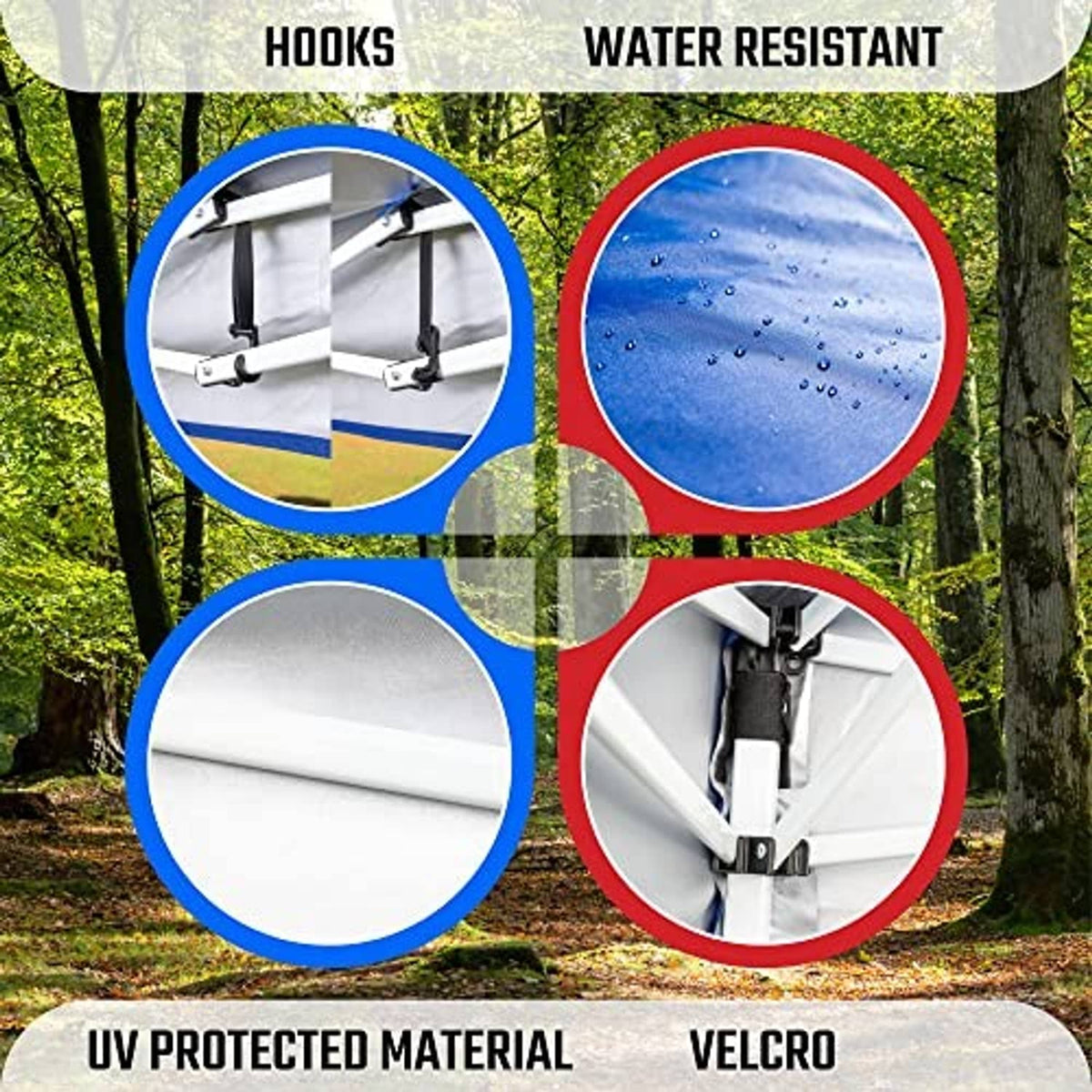 Blue canopy fabric with water droplets and hook-and-loop attachment details