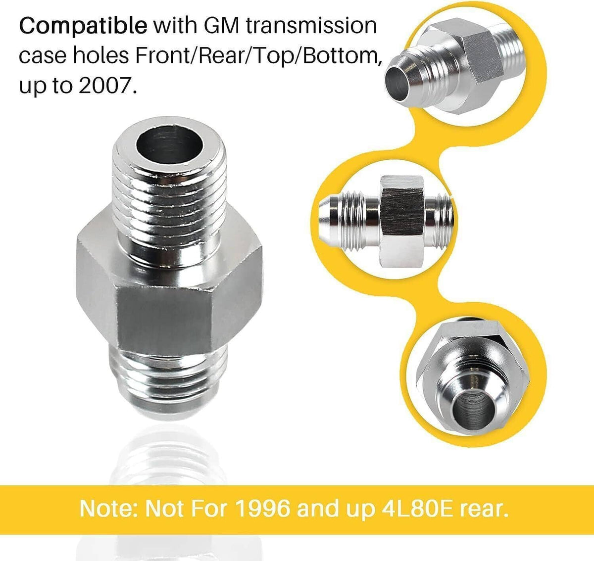 Transmission adapter fitting with 6AN flare and 1/4" NPSM threads, shown with gaskets.
