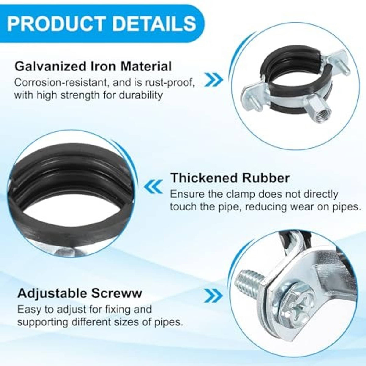 Galvanized iron split ring clamp with thickened black rubber insert, close-up