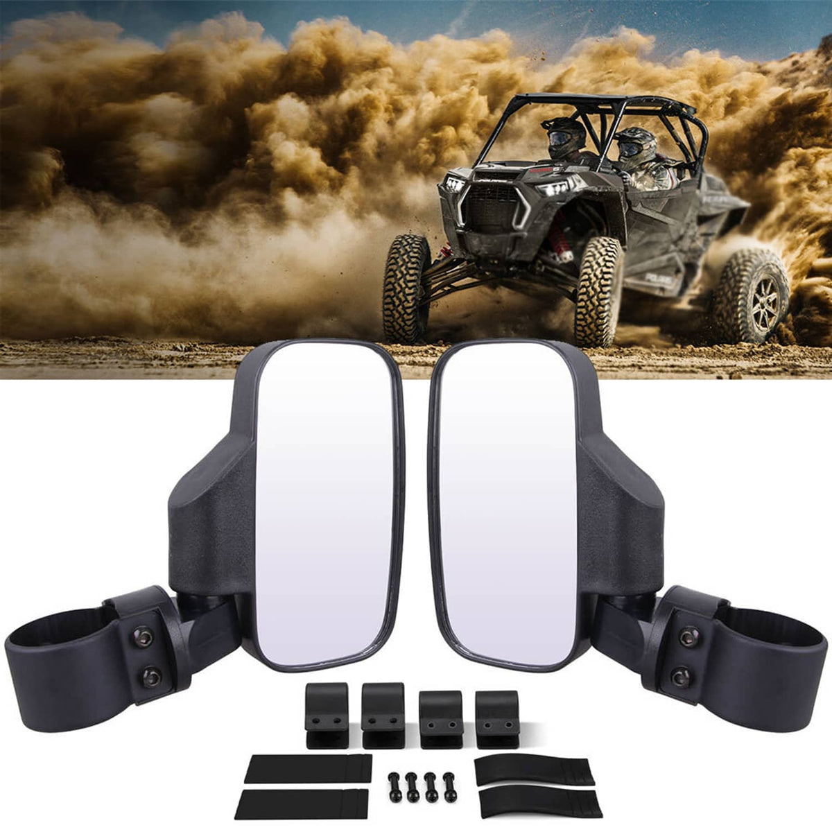 Pair of UTV roll bar side mirrors with black clamp mounts and rectangular glass