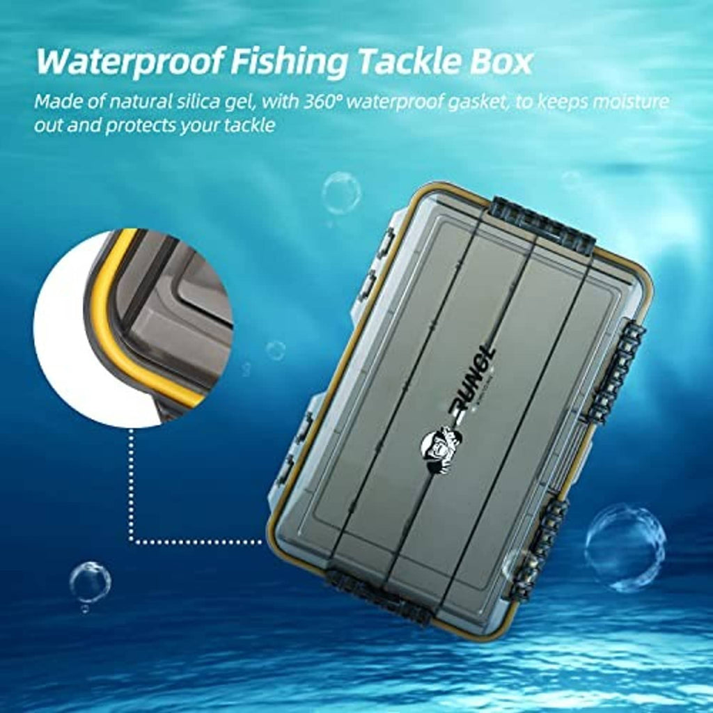 Gray waterproof fishing tackle box with translucent lid and yellow seal, water droplets