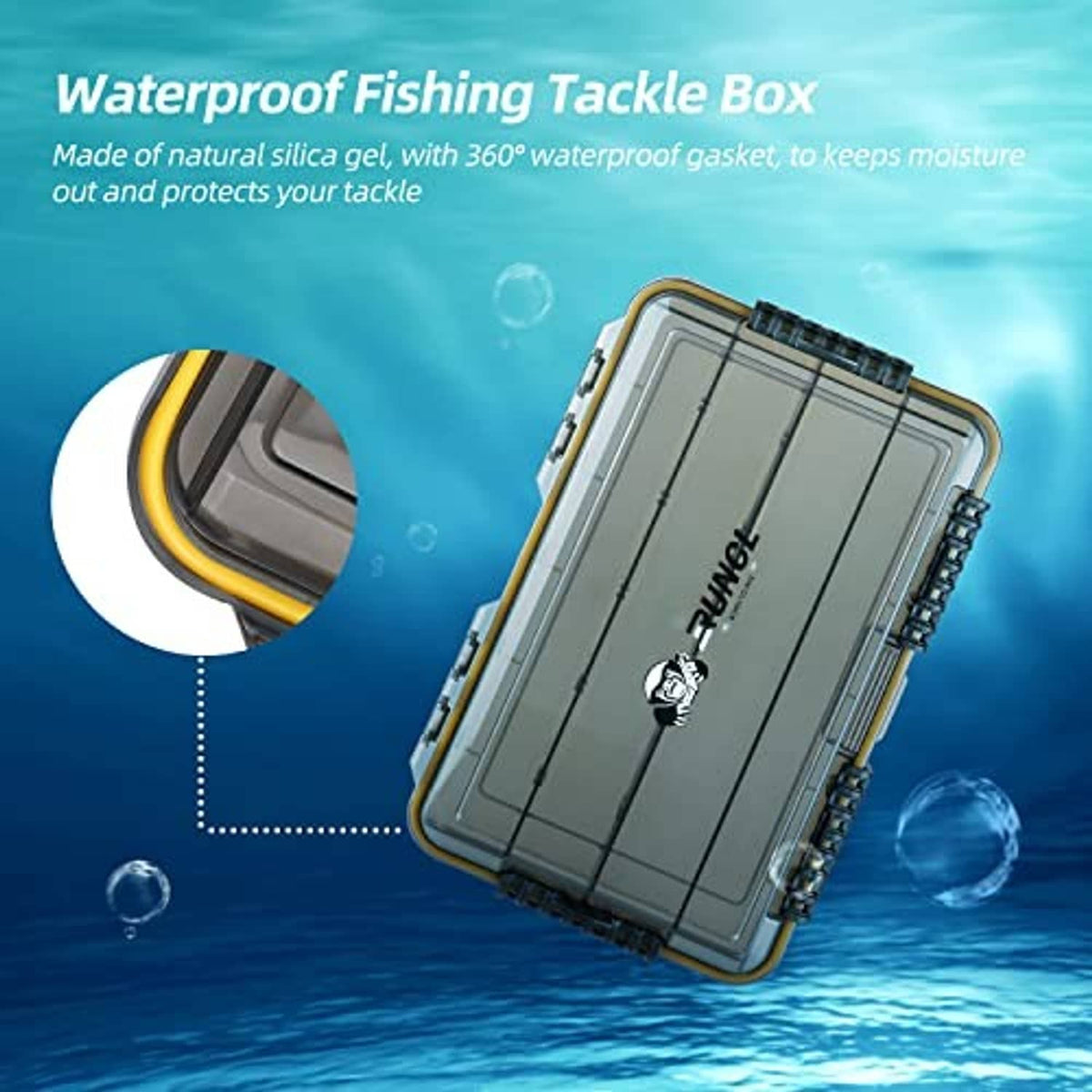 Gray waterproof fishing tackle box with translucent lid and yellow seal, water droplets