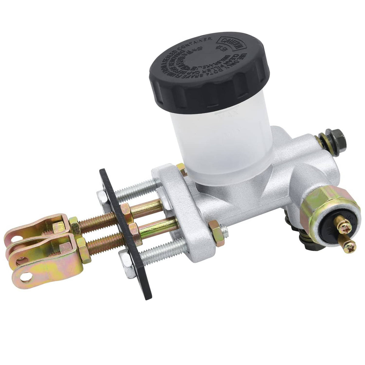 Hydraulic brake master cylinder with black fluid reservoir cap and mounting bracket