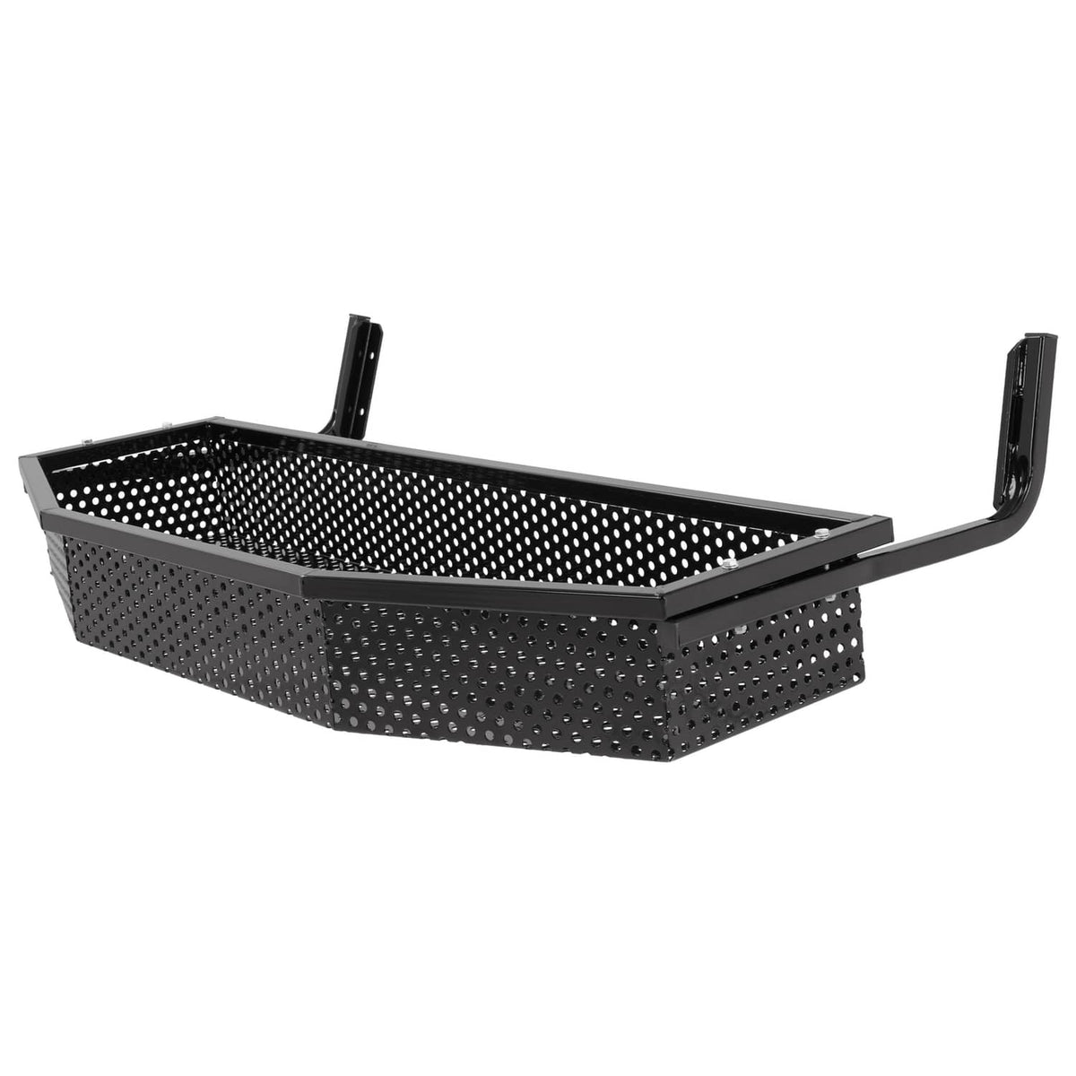 Perforated black cargo basket with side brackets for front mounting