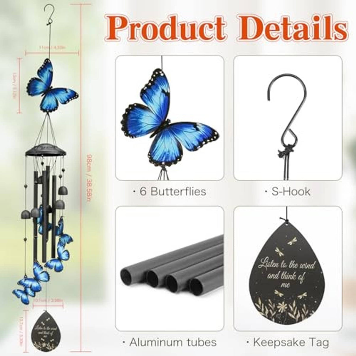 Wind chime product parts: blue butterflies, aluminum tubes, S-hook, keepsake tag