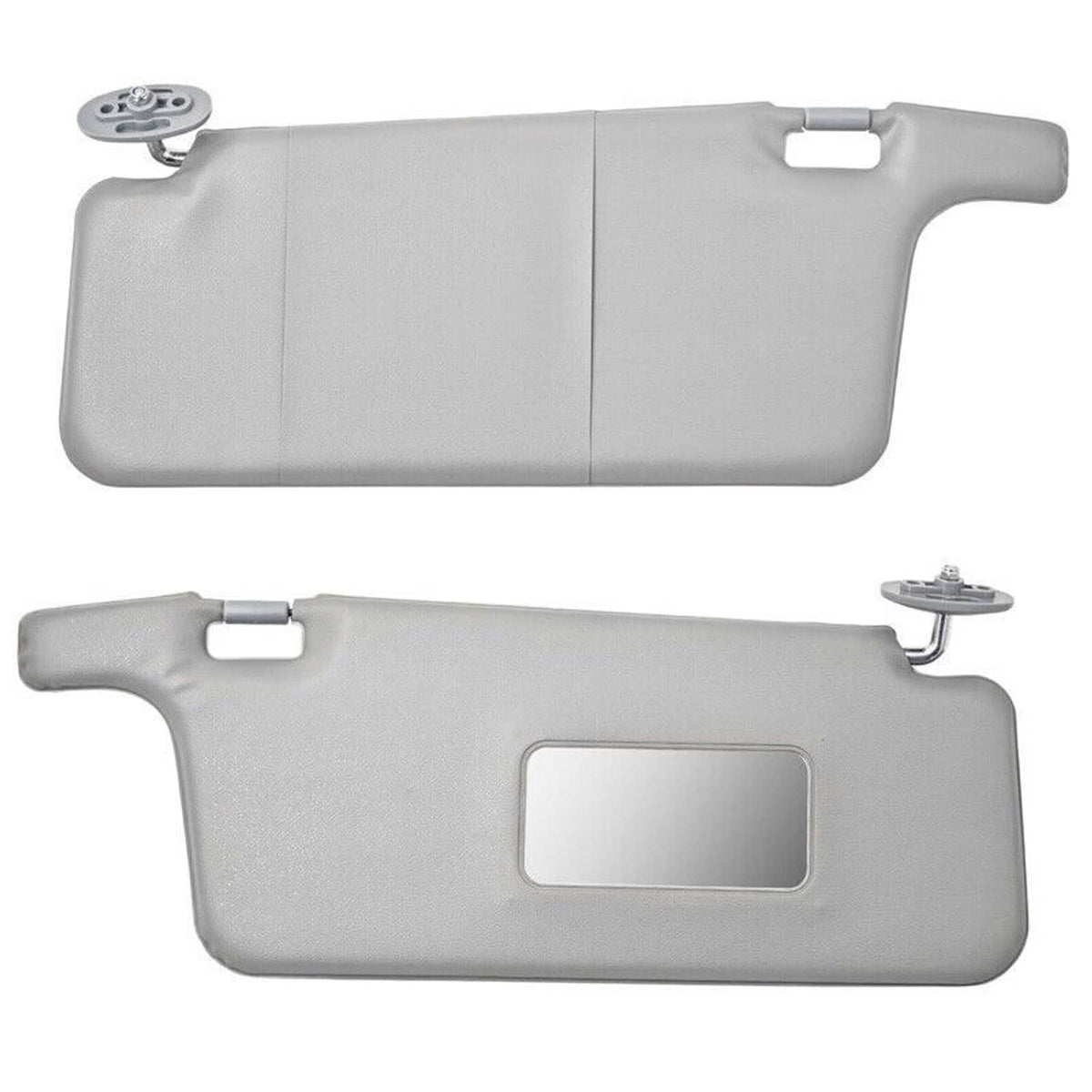 Gray interior sun visor pair with vanity mirror and mounting brackets